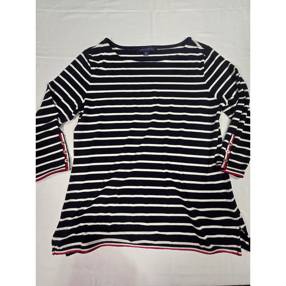 Tommy Hilfiger Womens Navy White Striped Boat Neck Top 3/4 Sleeve Button Cuff M